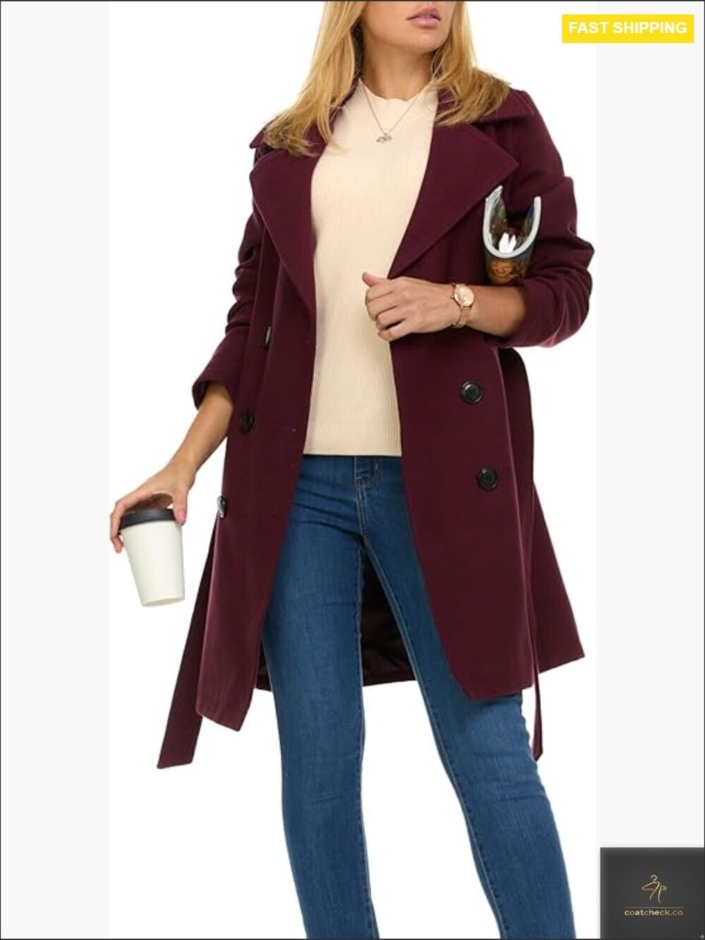 Double-Breasted Trench Coat Faux Wool Winter Elegant Classic Chic Style